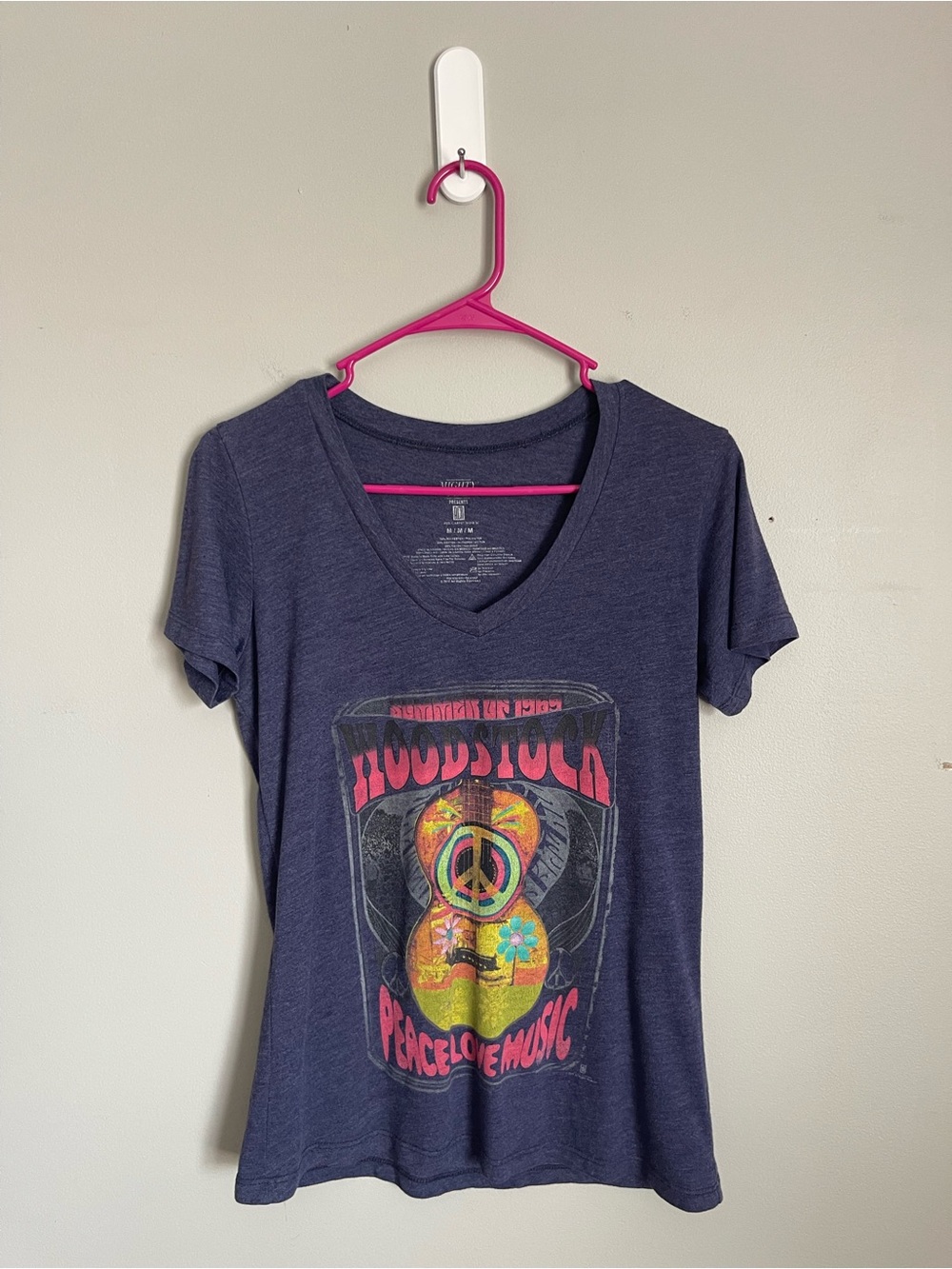 MIGHTY FINE Navy Blue Woodstock Graphic V-Neck Tee Sz M